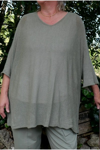 Pull maille coton kaki femme grande taille over size col V féminin