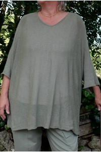 Pull maille coton kaki femme grande taille over size col V féminin