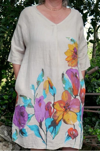 Robe lin femme grande taille - motif floral, col V, féminine.
