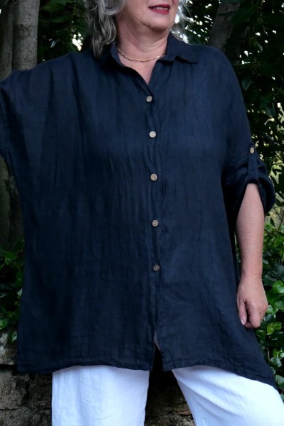 Chemise lin femme grande taille - coupe droite, manches 3/4, 5 boutons