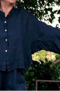 Chemise lin bleu marine femme grande taille - Col mao, coupe over size