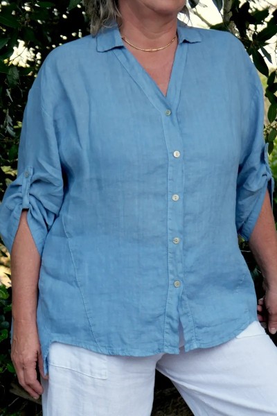 Chemise lin bleu jean femme grande taille - Col V féminin, confortable