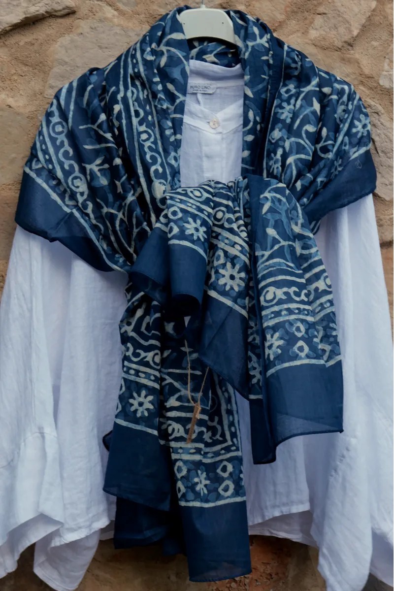 Foulard coton Océan fond bleu marine