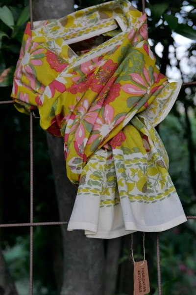 Foulard coton Pivoine anis & ivoire