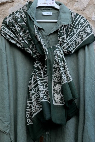 Foulard coton Océan fond kaki, léger & naturel