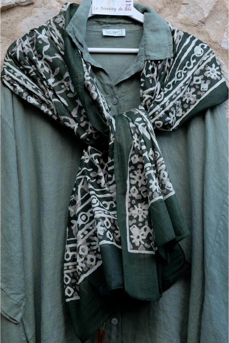 Foulard coton Océan fond kaki, léger & naturel