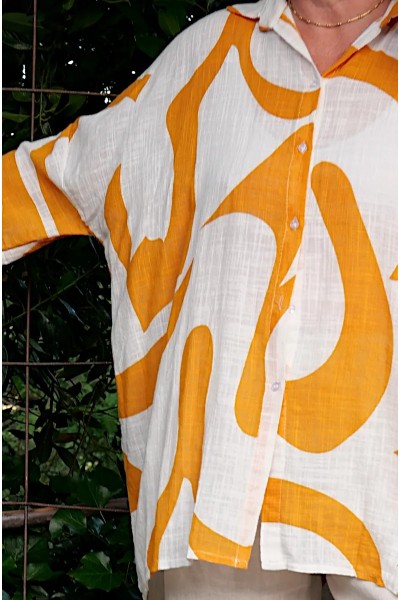 Chemise coton légère motifs abstraits moutarde
