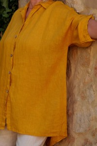 Chemise lin grande taille, boutonnière intégrale & manches 3/4