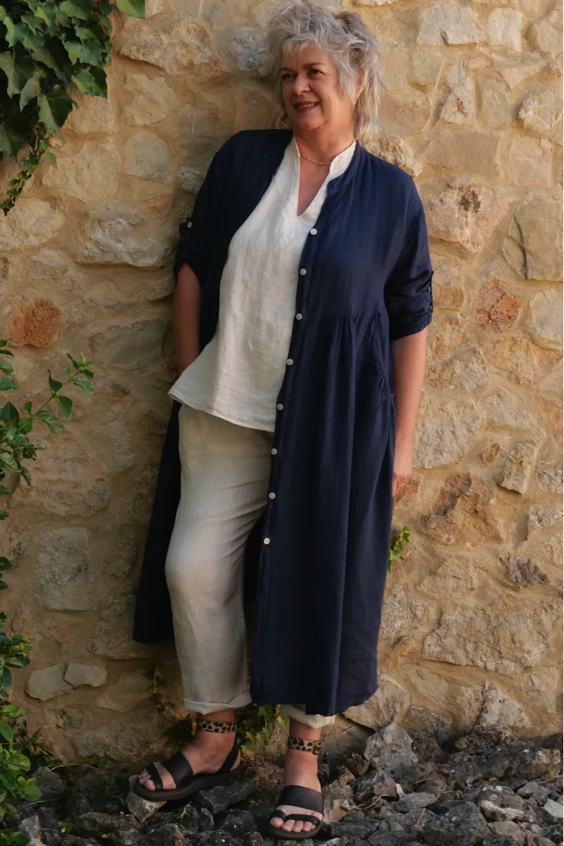 Veste ou Robe en lin bleu marine longue pour femme grande taille