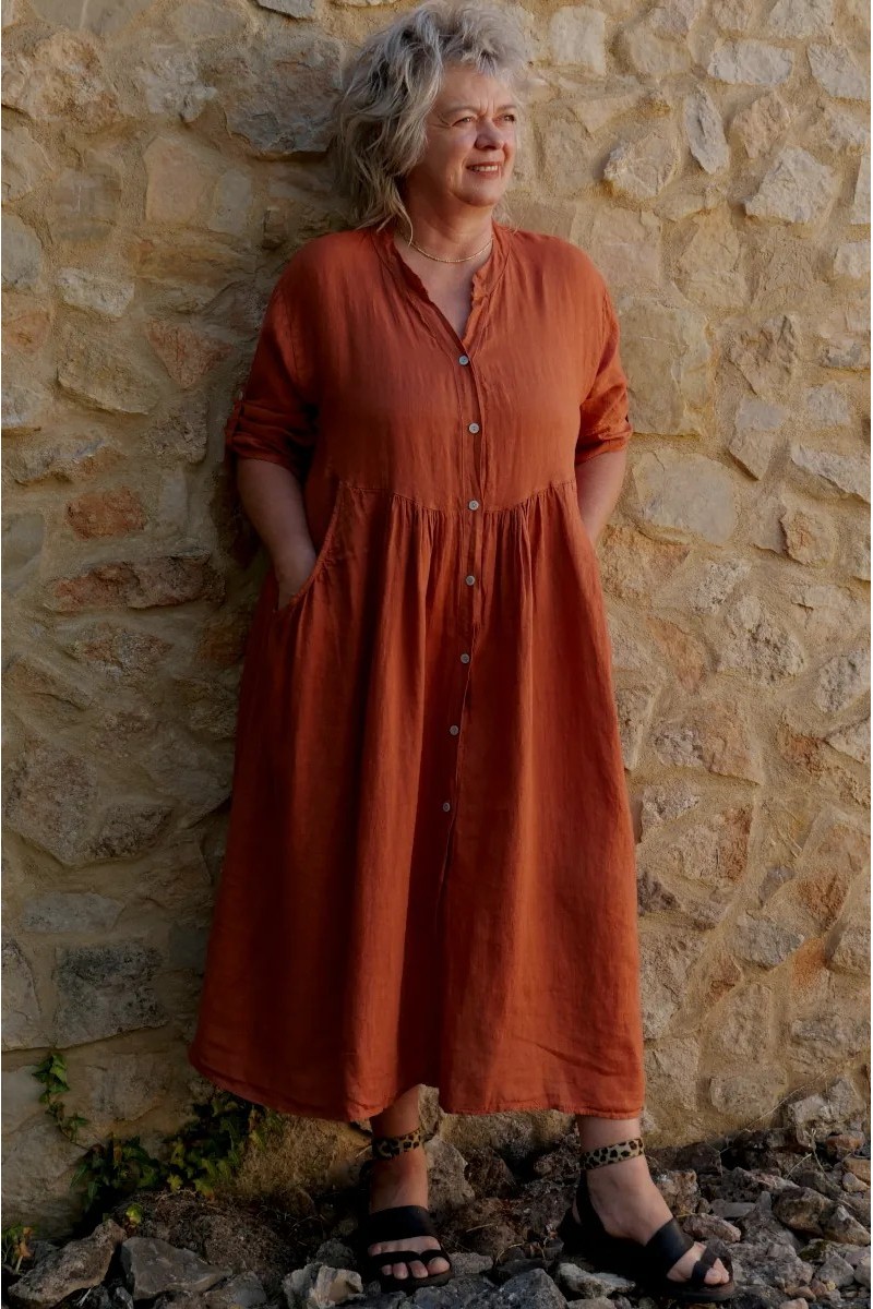Veste robe lin longue Anita Orange épicée
