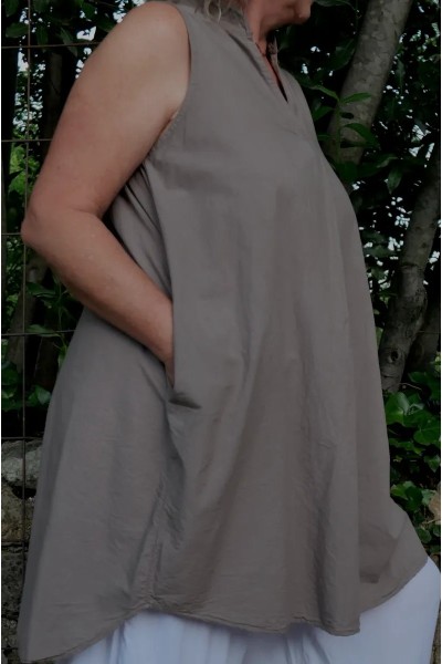 Robe coton femme grande taille, sans manche, poches pratiques, col V féminin avec pince