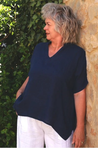 Haut lin, femme grande taille, col V féminin, manches courtes