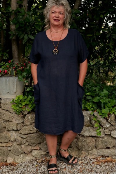 Robe lin femme grande taille, col rond, manches courtes et poches pratiques
