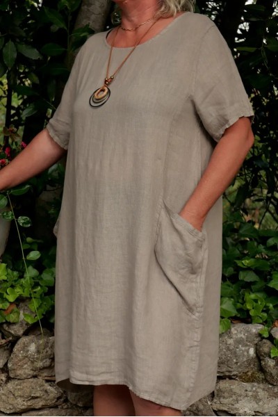 Robe lin femme grande taille, col rond, manches courtes & poches pratiques