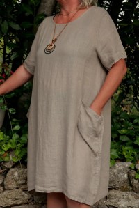 Robe lin femme grande taille, col rond, manches courtes & poches pratiques