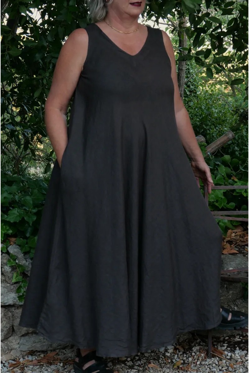 Robe lin longue Vanille chocolat, forme trapèze élégante et actuelle