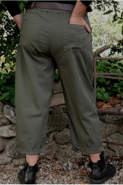 Pantalon coton élasthanne mode femme grande taille, 2 poches arrière